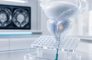 biopsia-transperineal-prostata Representação médica da biópsia transperineal da próstata guiada por imagem.