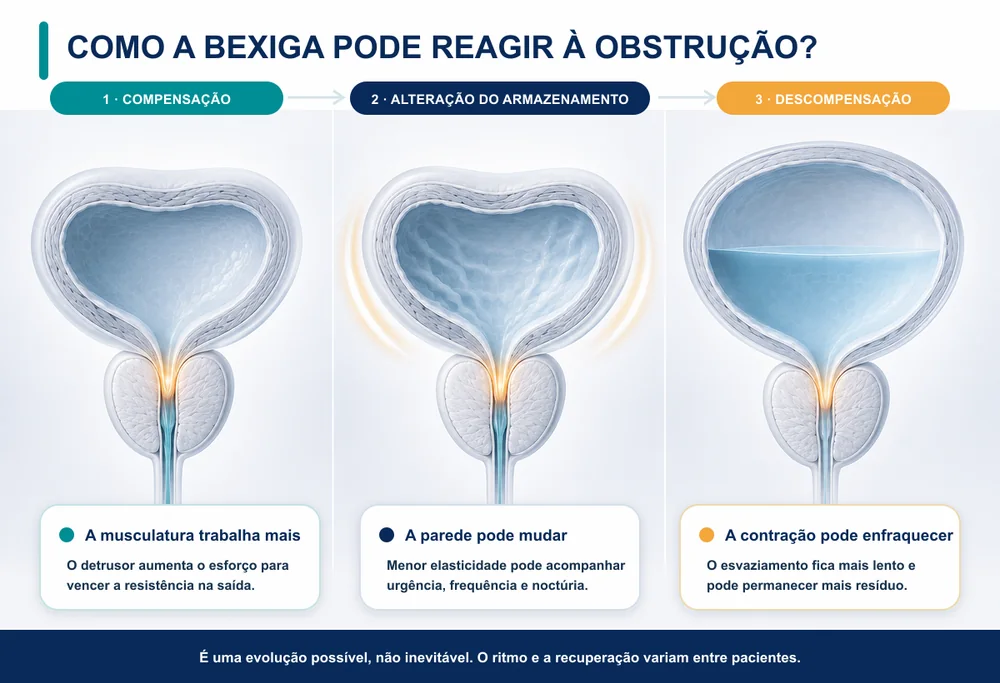Possíveis fases de adaptação da bexiga à obstrução prostática: compensação, alteração do armazenamento e descompensação.